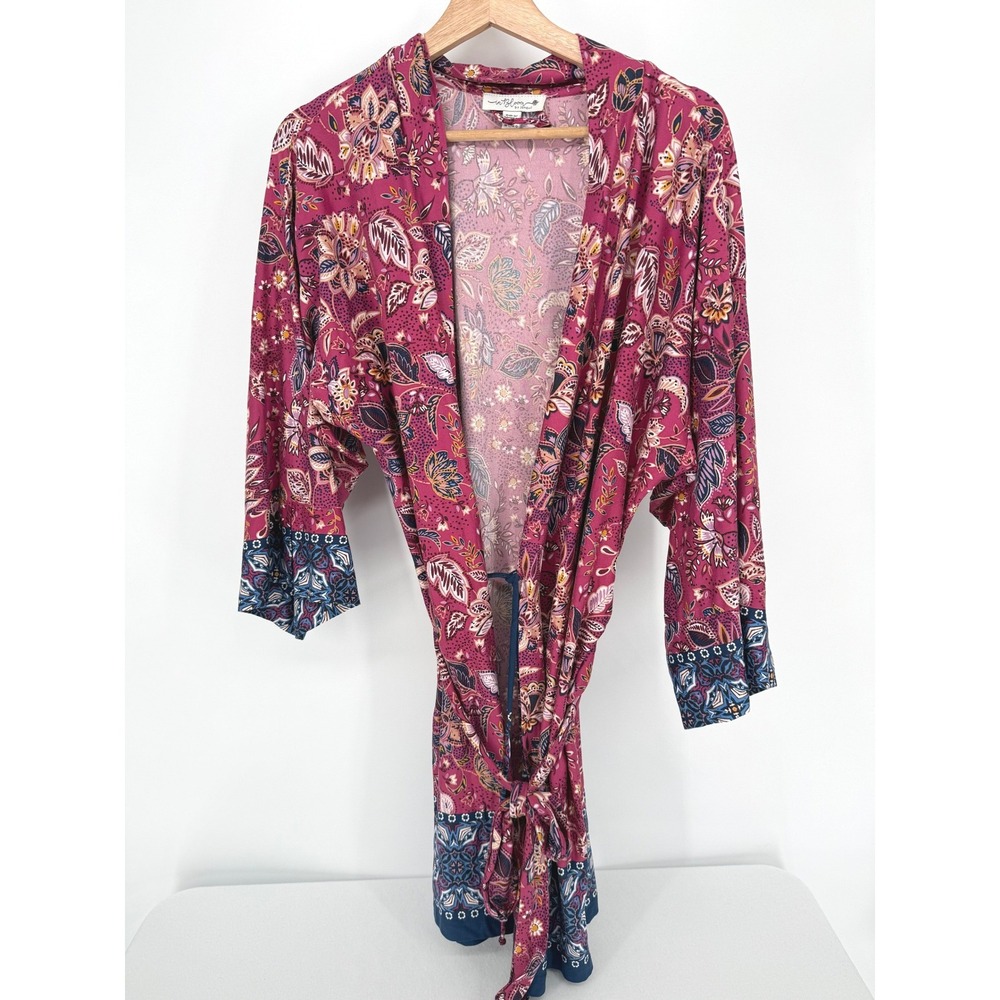 In Bloom by Jonquil Robe Womens M/L Pink Floral Paisley Kimono Tie Waist